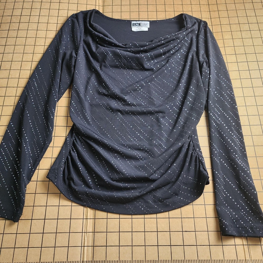 Black sparkly cowl neck long sleeve blouse made in USA